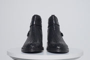 The Morral Black Handwoven Leather Cross Strap Buckle Zip-Up Boot