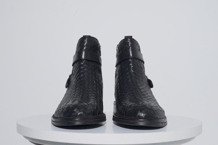 The Morral Black Handwoven Leather Cross Strap Buckle Zip-Up Boot