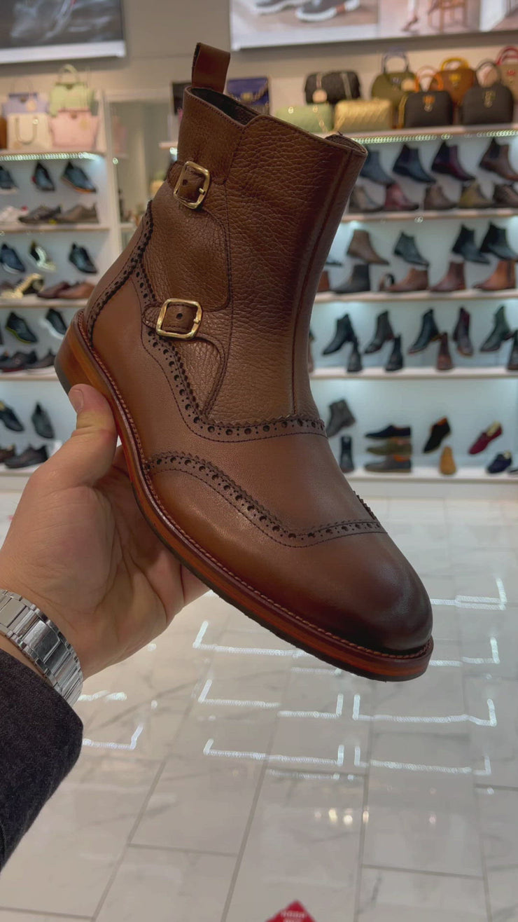 The Rand Brown Leather Double Buckle Brogue Boot with a Zipper