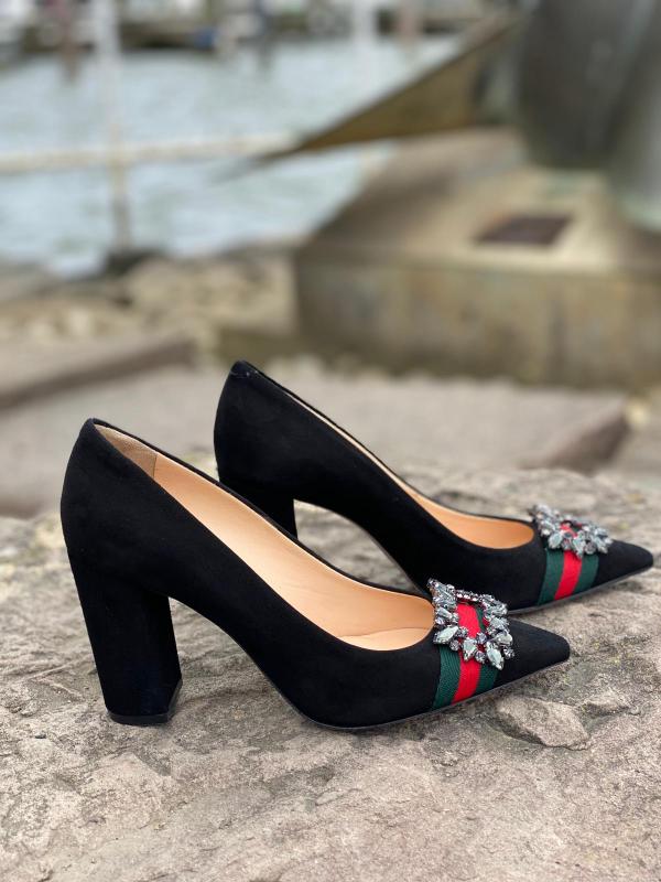 The Afega Black Suede Leather Block Heel Pump