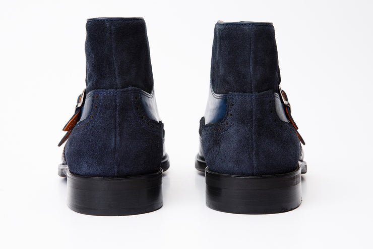 The Albus Navy Blue Leather & Suede Double Strap Monk Brogue Boot
