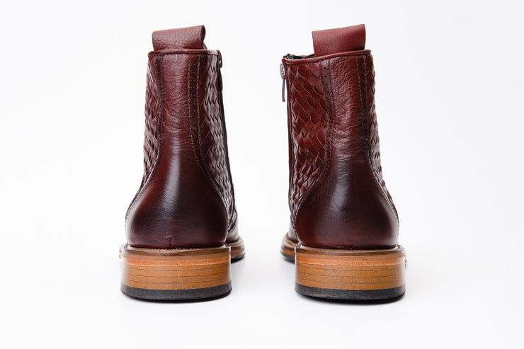 The Loddon Burgundy Leather Wingtip Brogue Handwoven Lace-Up Boot with a Zipper