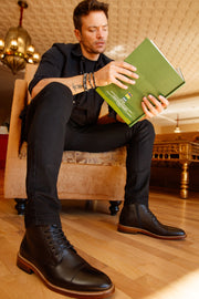 The Bothey Black Leather Cap-Toe Lace-up Boot with a Zipper