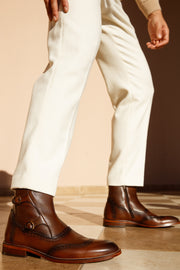 The Rand Brown Leather Double Buckle Brogue Boot with a Zipper