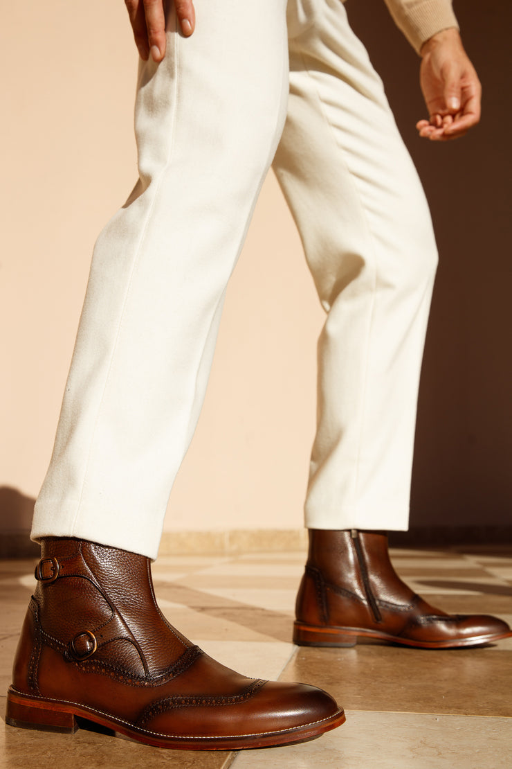 The Rand Brown Leather Double Buckle Brogue Boot with a Zipper