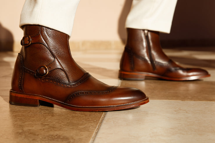 The Rand Brown Leather Double Buckle Brogue Boot with a Zipper