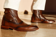 The Rand Brown Leather Double Buckle Brogue Boot with a Zipper