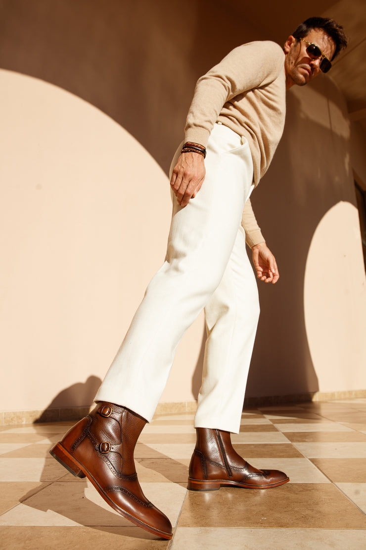 The Rand Brown Leather Double Buckle Brogue Boot with a Zipper