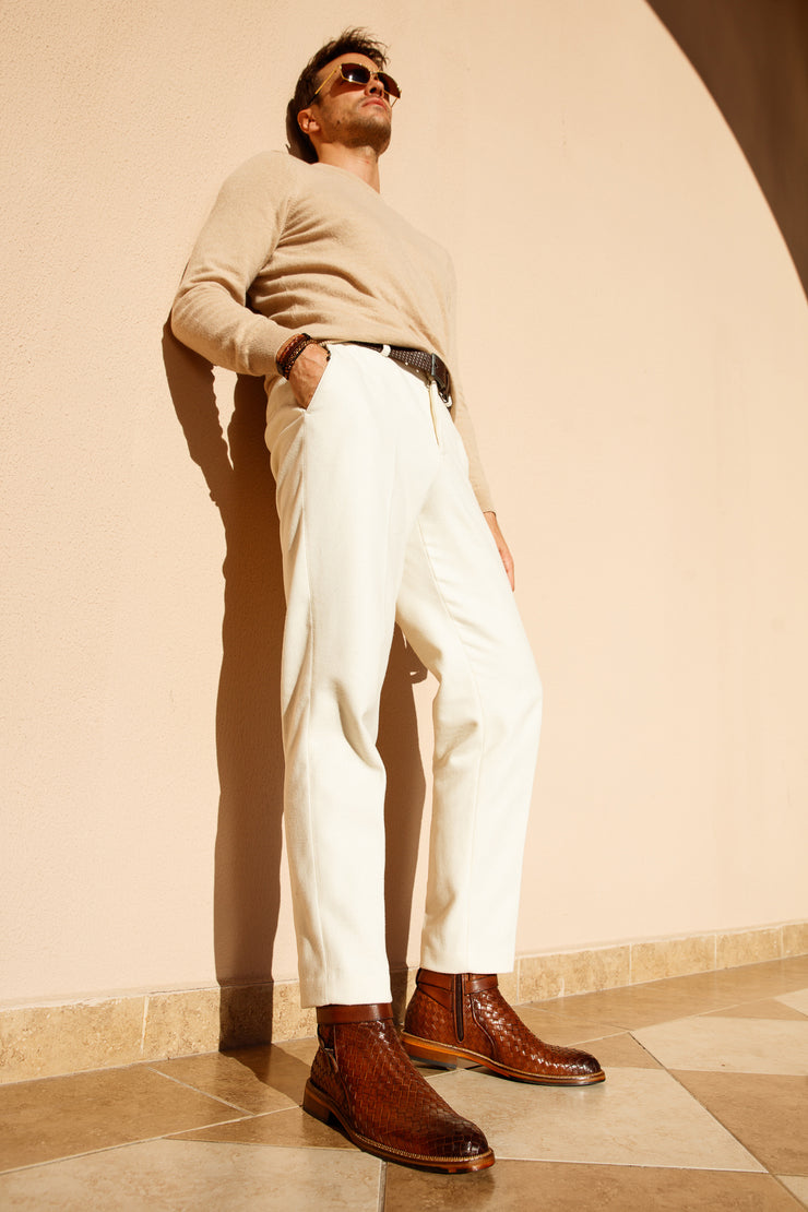 The Morral Tan Handwoven Leather Cross Strap Buckle Zip-Up Boot