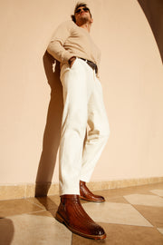 The Morral Tan Handwoven Leather Cross Strap Buckle Zip-Up Boot
