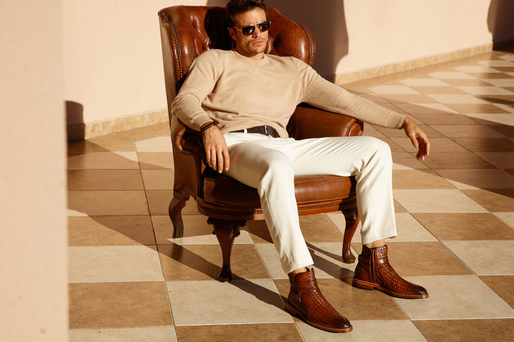 The Morral Tan Handwoven Leather Cross Strap Buckle Zip-Up Boot