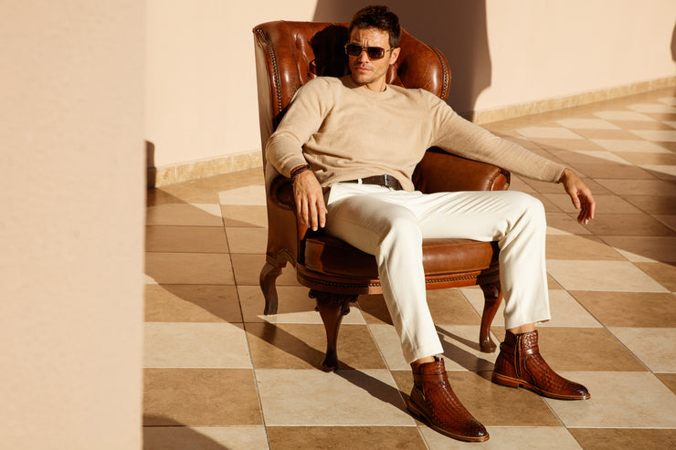 The Morral Tan Handwoven Leather Cross Strap Buckle Zip-Up Boot