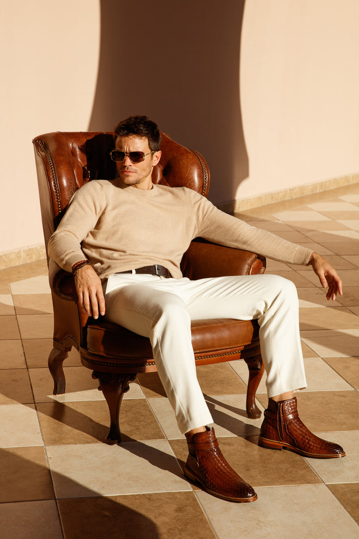 The Morral Tan Handwoven Leather Cross Strap Buckle Zip-Up Boot