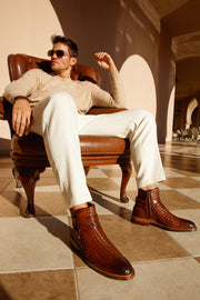 The Morral Tan Handwoven Leather Cross Strap Buckle Zip-Up Boot