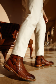 The Morral Tan Handwoven Leather Cross Strap Buckle Zip-Up Boot