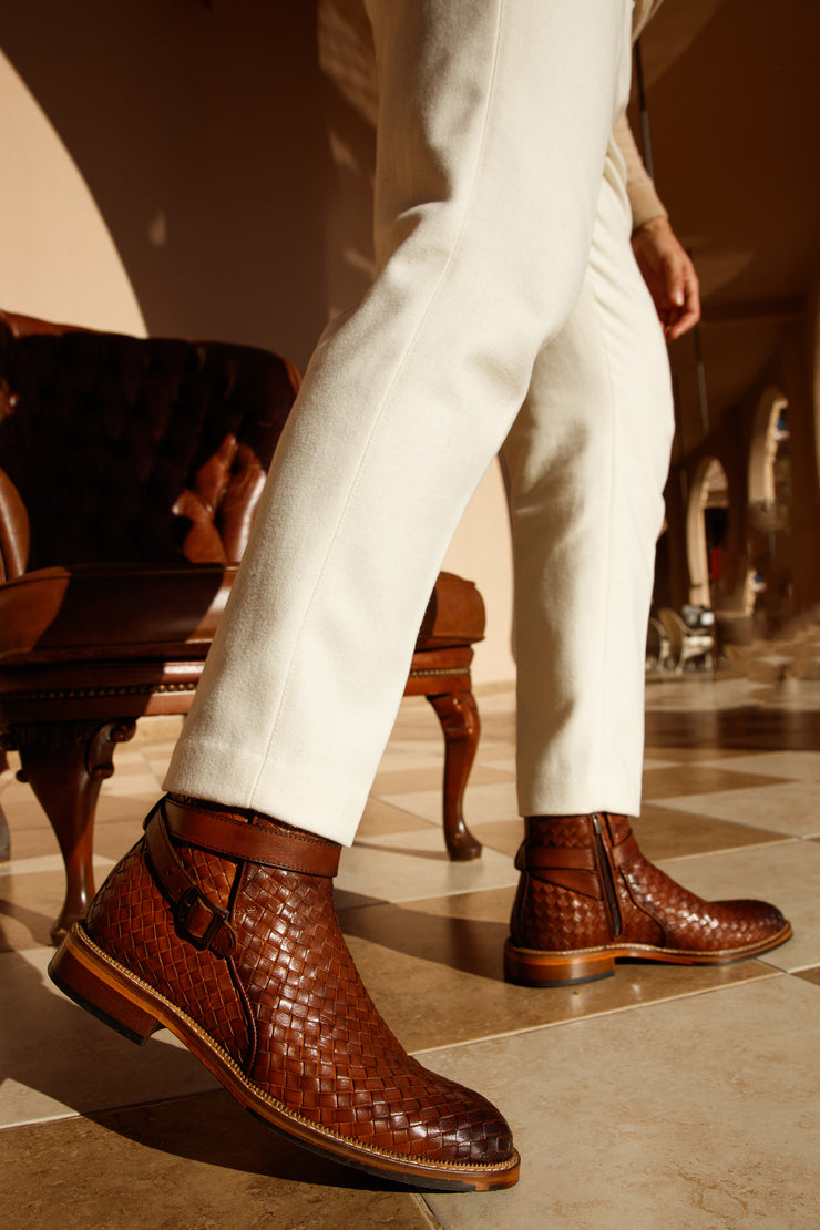 The Morral Tan Handwoven Leather Cross Strap Buckle Zip-Up Boot