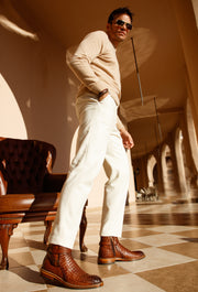 The Morral Tan Handwoven Leather Cross Strap Buckle Zip-Up Boot