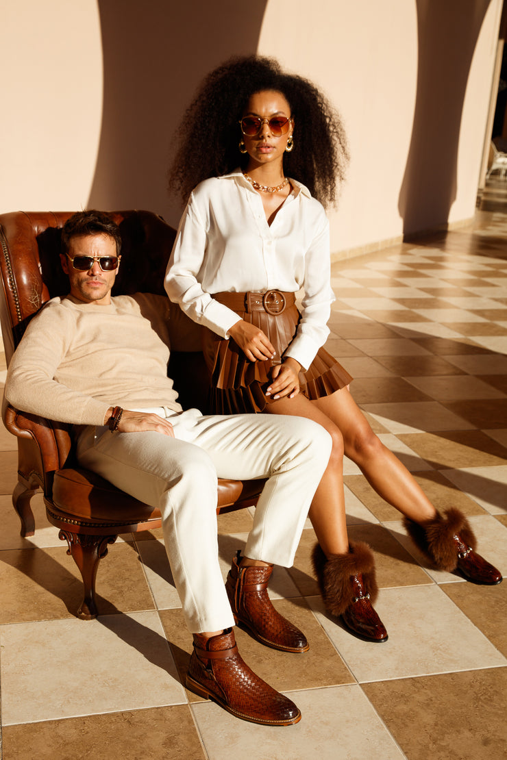 The Morral Tan Handwoven Leather Cross Strap Buckle Zip-Up Boot