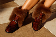 The Izmir Brown Patent Leather Natural Fur Mid Calf Boot