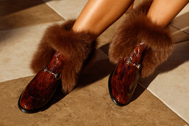 The Izmir Brown Patent Leather Natural Fur Mid Calf Boot