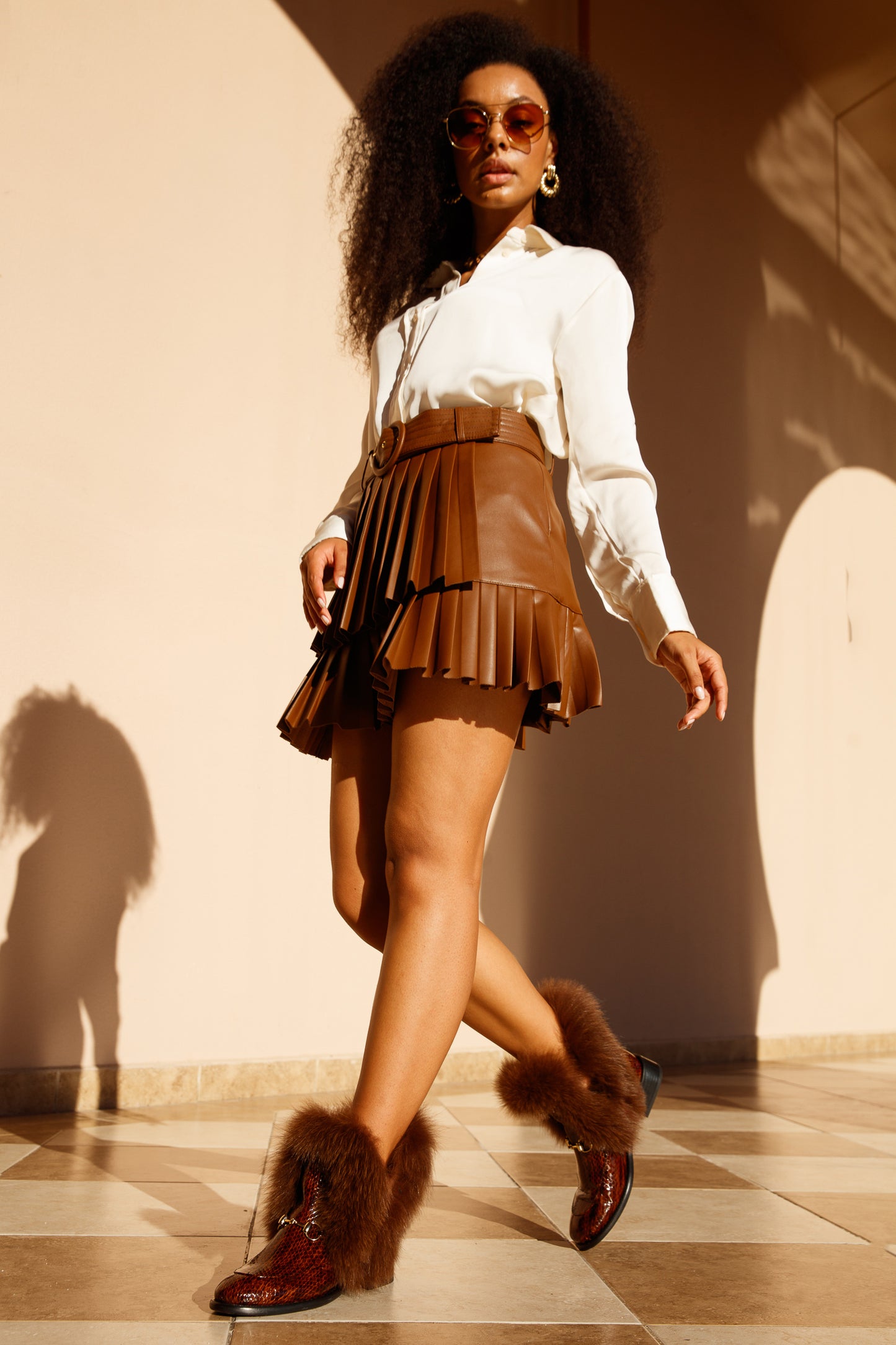 The Izmir Brown Patent Leather Natural Fur Mid Calf Women Boot