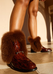 The Izmir Brown Patent Leather Natural Fur Mid Calf Boot