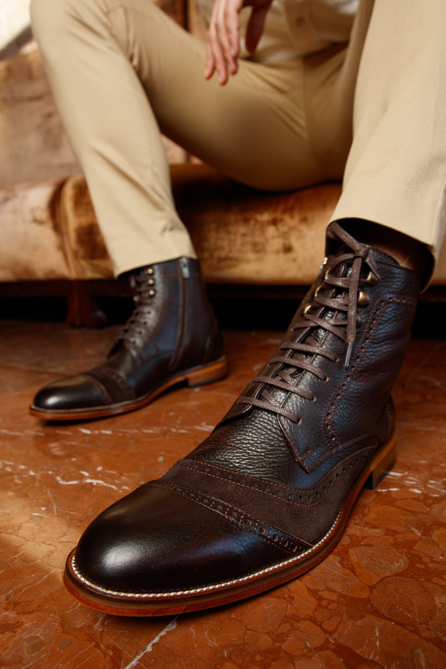 The Anderson Brown Leather & Suede Brogue Lace-Up Men Boot with a Zipper