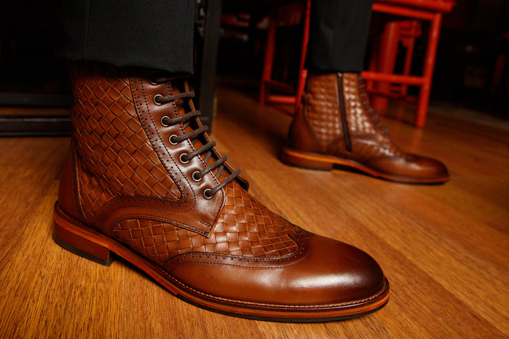 The Loddon Brown Leather Wingtip Brogue Handwoven Lace-Up Boot with a Zipper