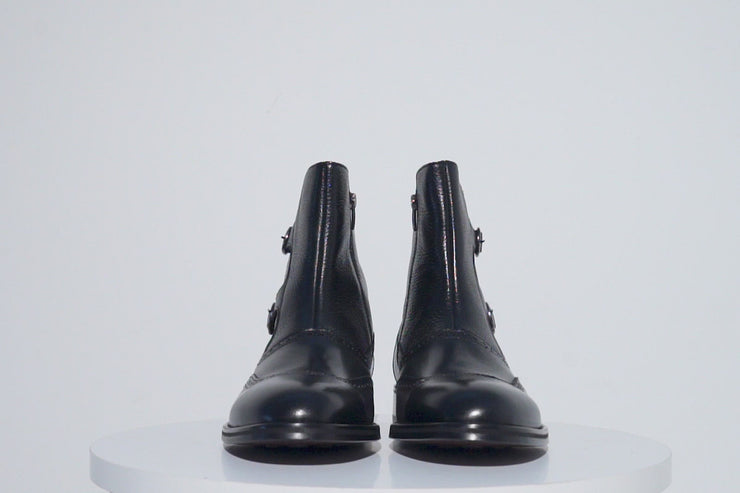 The Rand Black Leather Double Buckle Brogue Boot with a Zipper