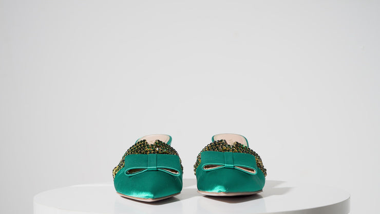 The Volga Green Leather Kitten Heel Pointy Toe Sandal