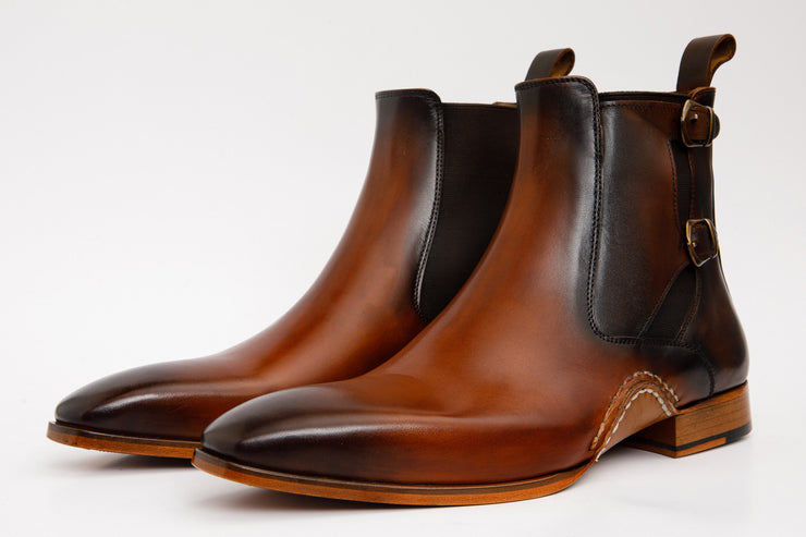 The Royal Hand Craft Cognac Leather Double-Buckle Chelsea Boot