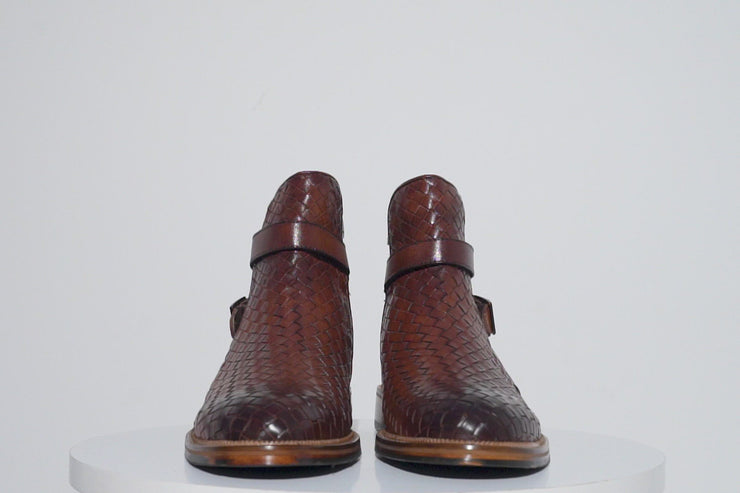 The Morral Tan Handwoven Leather Cross Strap Buckle Zip-Up Boot