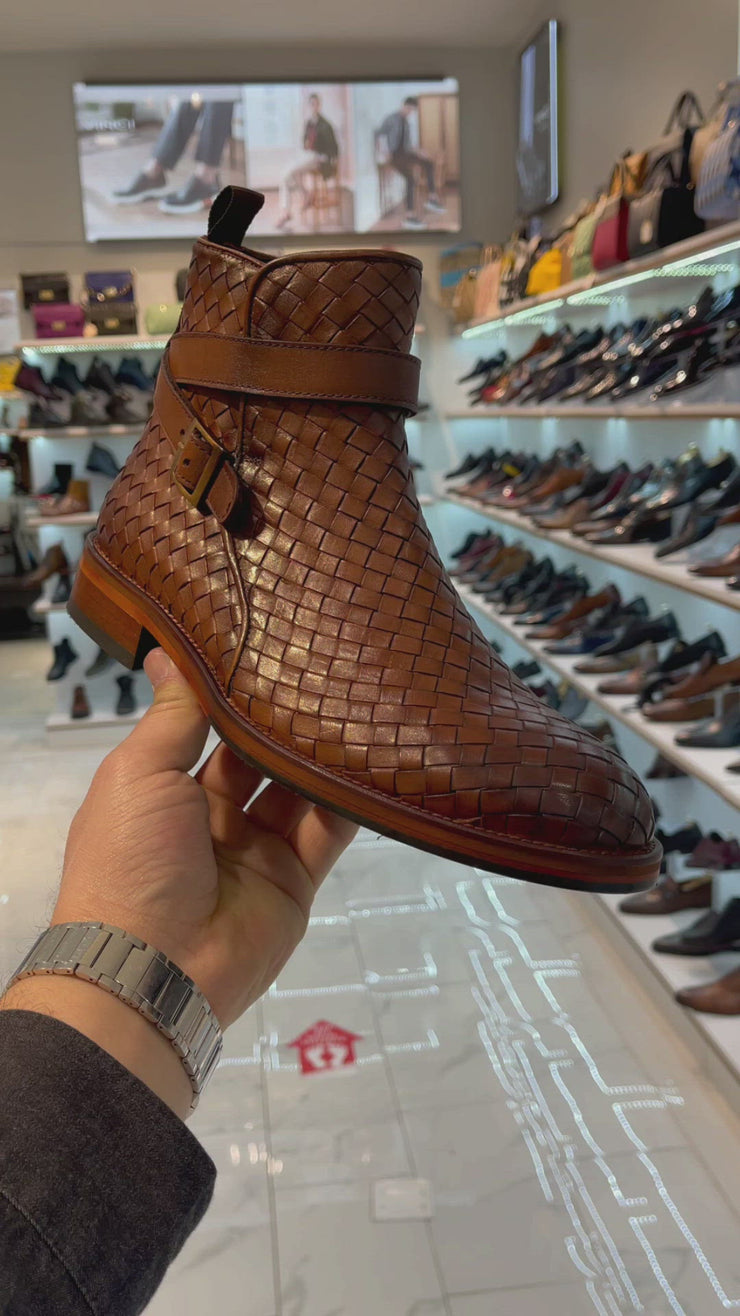 The Morral Tan Handwoven Leather Cross Strap Buckle Zip-Up Boot