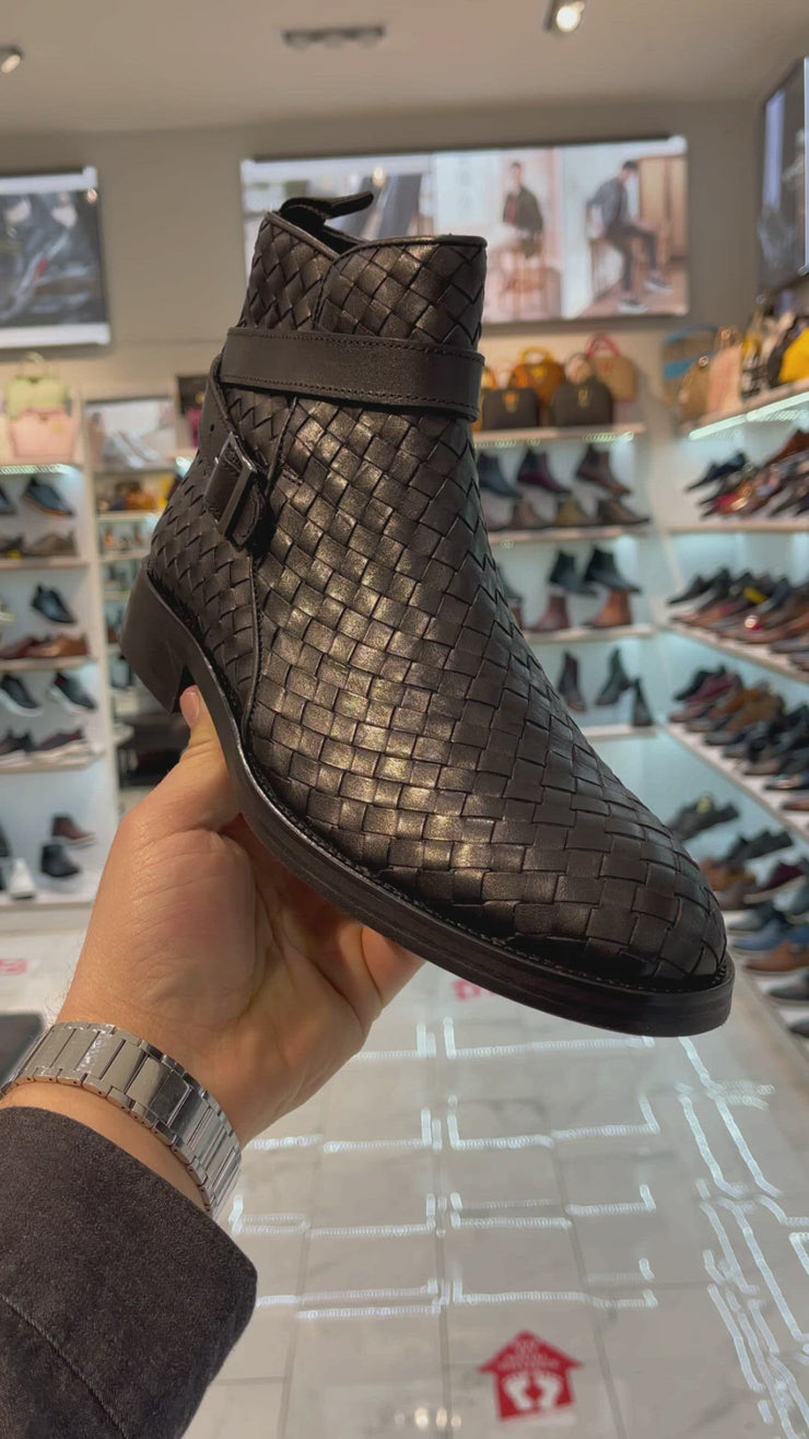 The Morral Black Handwoven Leather Cross Strap Buckle Zip-Up Boot