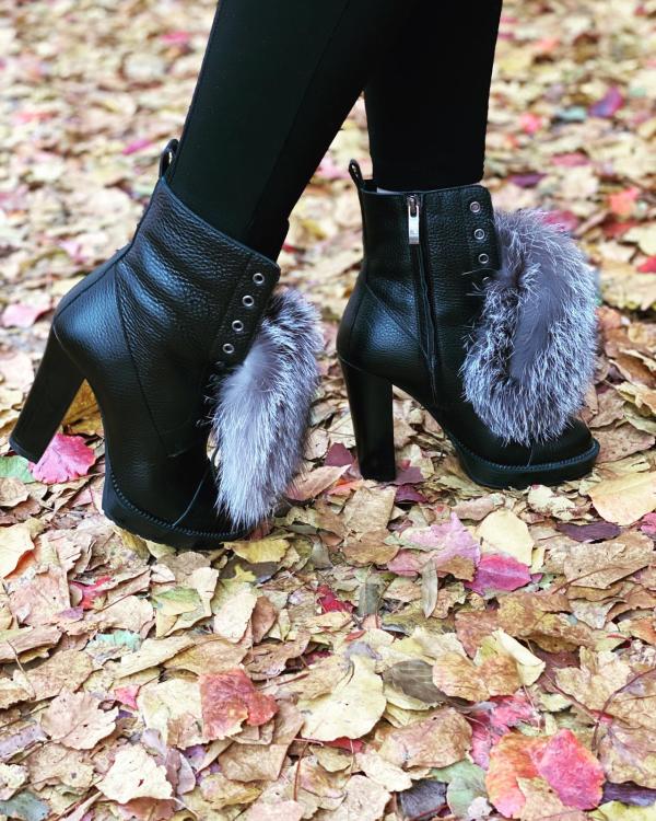 The Melo Black Leather Natural Fur Mid Calf Platform Heel Boot