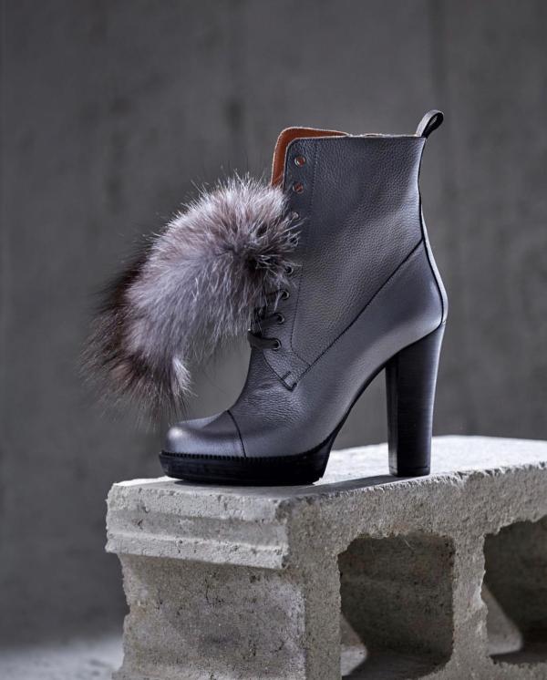 The Melo Grey Leather Natural Fur Mid Calf Platform Heel Women Boot