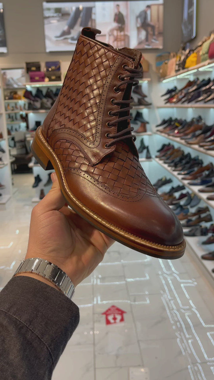 The Rand Brown Leather Double Buckle Brogue Boot with a Zipper