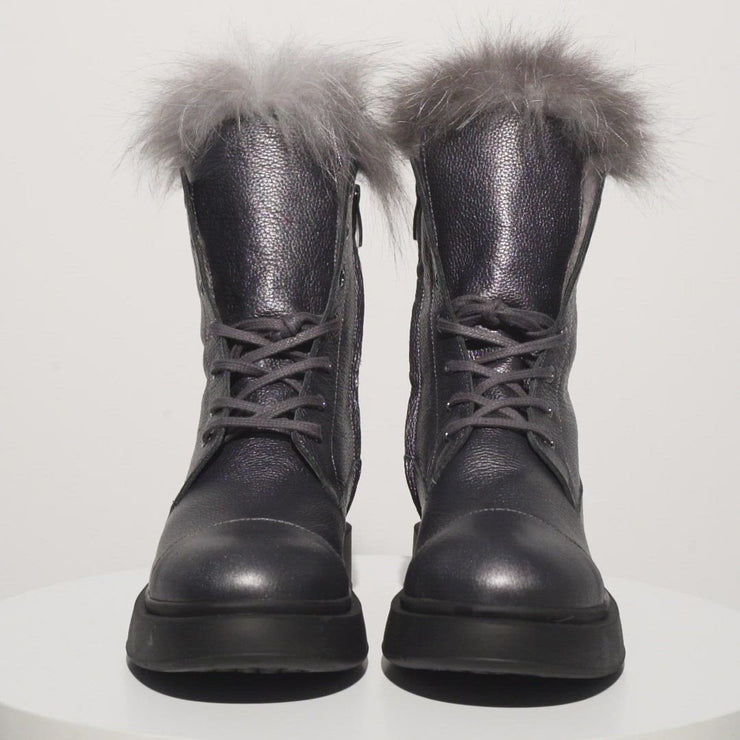 The Kajapati Grey Leather Natural Fur Mid Calf Boot