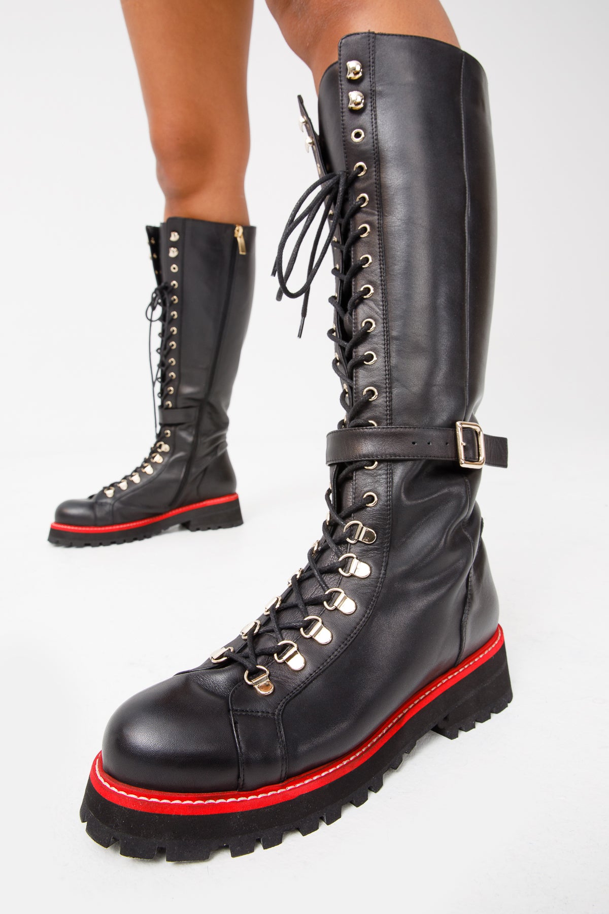 Botas altas con cordones hasta la rodilla de cuero negro Istinye para mujer, edición limitada