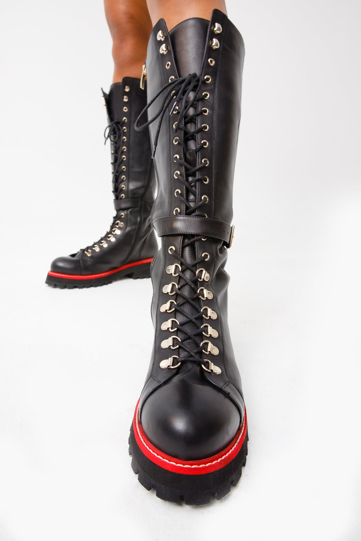 Botas altas con cordones hasta la rodilla de cuero negro Istinye para mujer, edición limitada