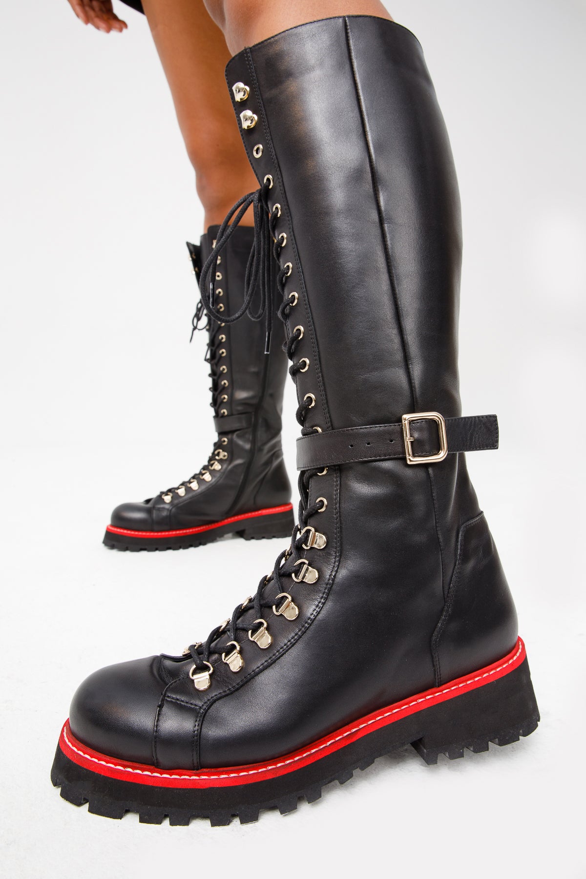 Botas altas con cordones hasta la rodilla de cuero negro Istinye para mujer, edición limitada