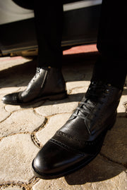 The Anderson Black Leather & Suede Brogue Lace-Up Boot with a Zipper