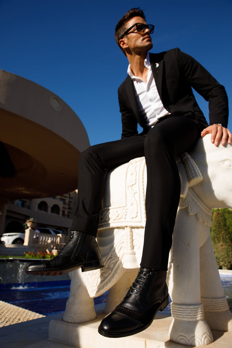 The Anderson Black Leather & Suede Brogue Lace-Up Boot with a Zipper