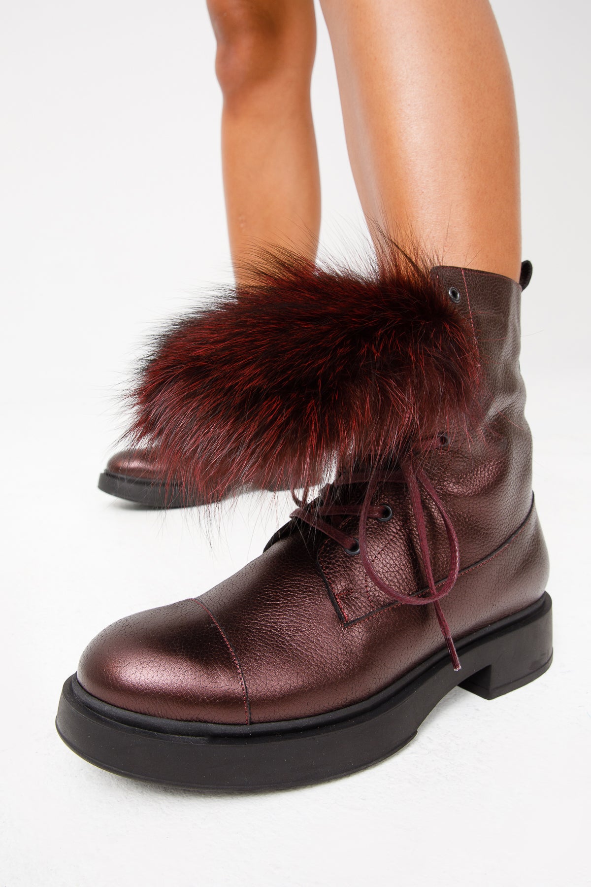 The Kajapati Burgundy Leather Natural Fur Mid Calf Women Boot