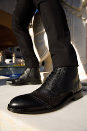The Anderson Black Leather & Suede Brogue Lace-Up Boot with a Zipper