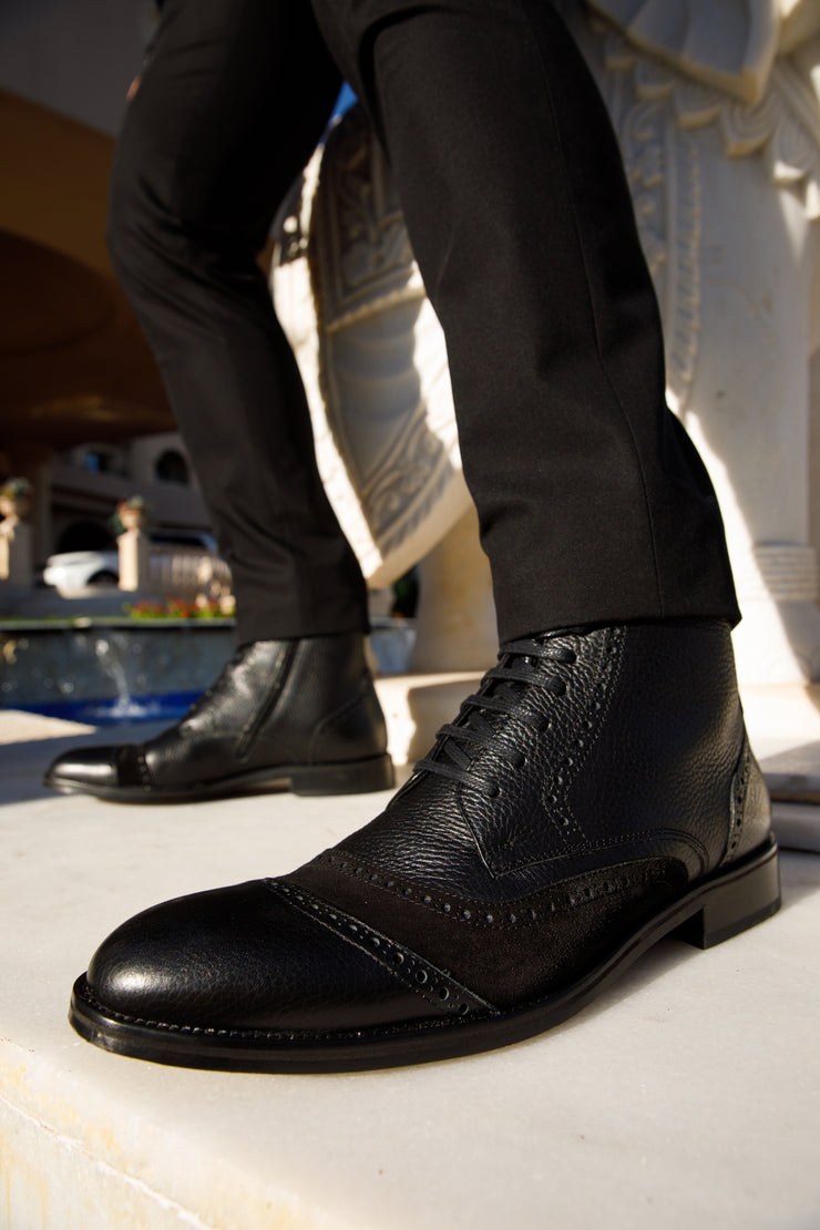 The Anderson Black Leather & Suede Brogue Lace-Up Boot with a Zipper