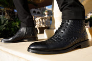 The Loddon Black Leather Wingtip Brogue Handwoven Lace-Up Boot with a Zipper