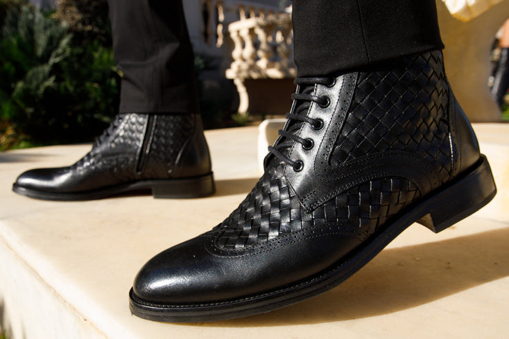 The Loddon Black Leather Wingtip Brogue Handwoven Lace-Up Boot with a Zipper