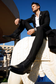 The Loddon Black Leather Wingtip Brogue Handwoven Lace-Up Boot with a Zipper
