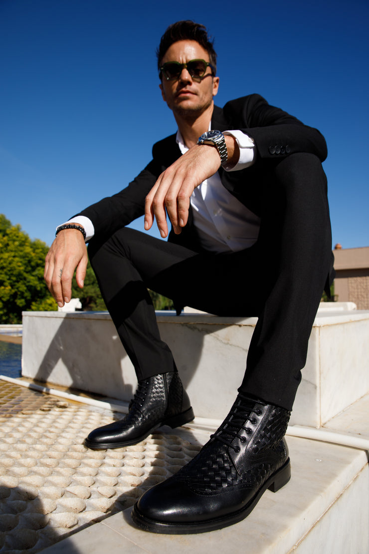 The Loddon Black Leather Wingtip Brogue Handwoven Lace-Up Boot with a Zipper